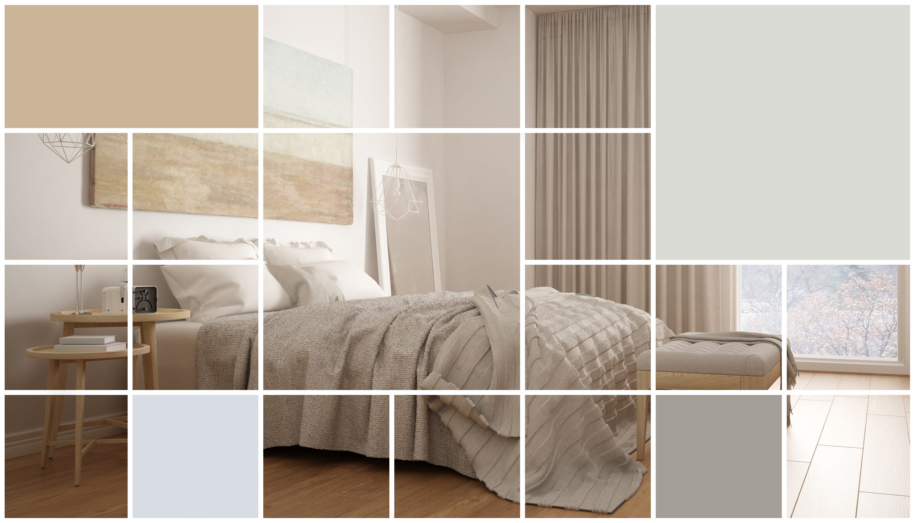 A bedroom with neutral color overlays atop bedroom furniture